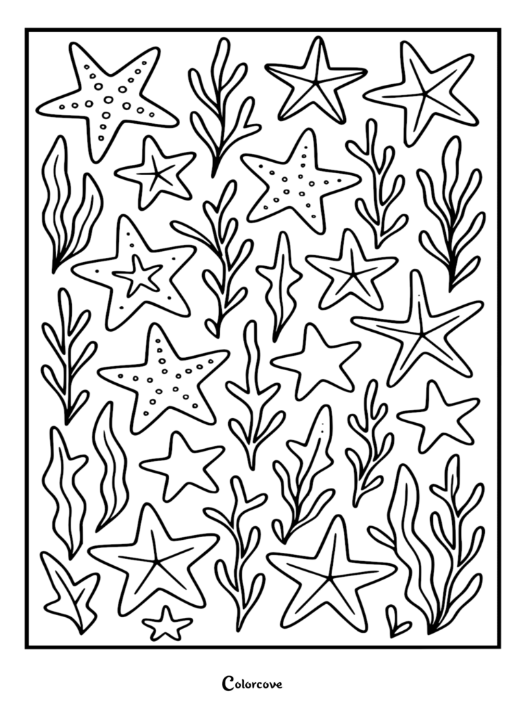A relaxing beach themed coloring page featuring a pattern of various sizes of starfish and wavy seaweed strands on a white background.