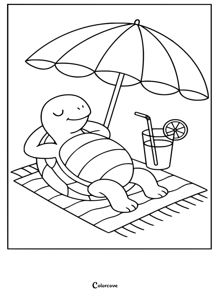 A cute cartoon turtle reclining on a striped beach towel under a sun umbrella with a glass of lemonade, printable coloring page.