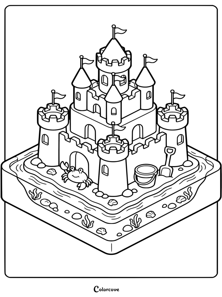 An isometric line art coloring page of a sandcastle with four corner turrets, flags, a smiling crab, a small bucket, and a shovel on a sandy beach base with seashells.