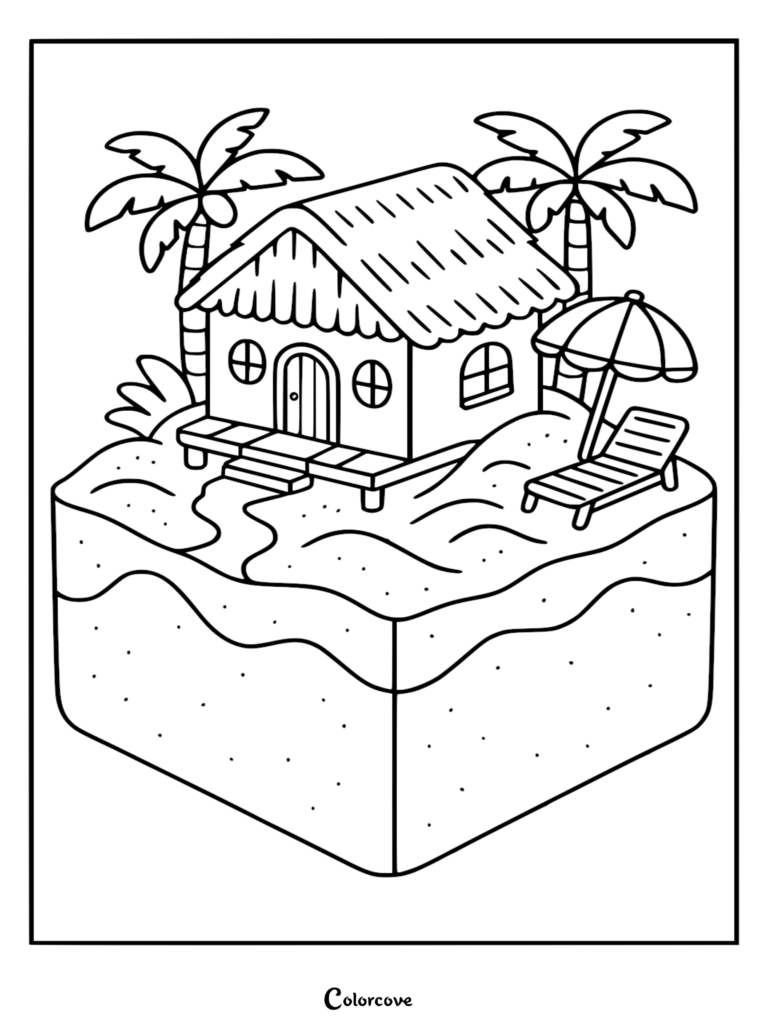 A relaxing beach hut coloring page featuring an isometric tropical island with palm trees, a thatched roof cabin, and a lounge chair under an umbrella.