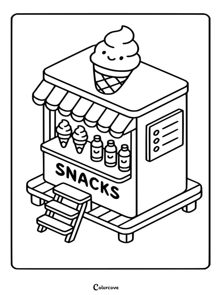 A cute isometric beach snack stand coloring page featuring a smiling ice cream cone sign, two ice cream cones, and three bottled drinks displayed under an awning.