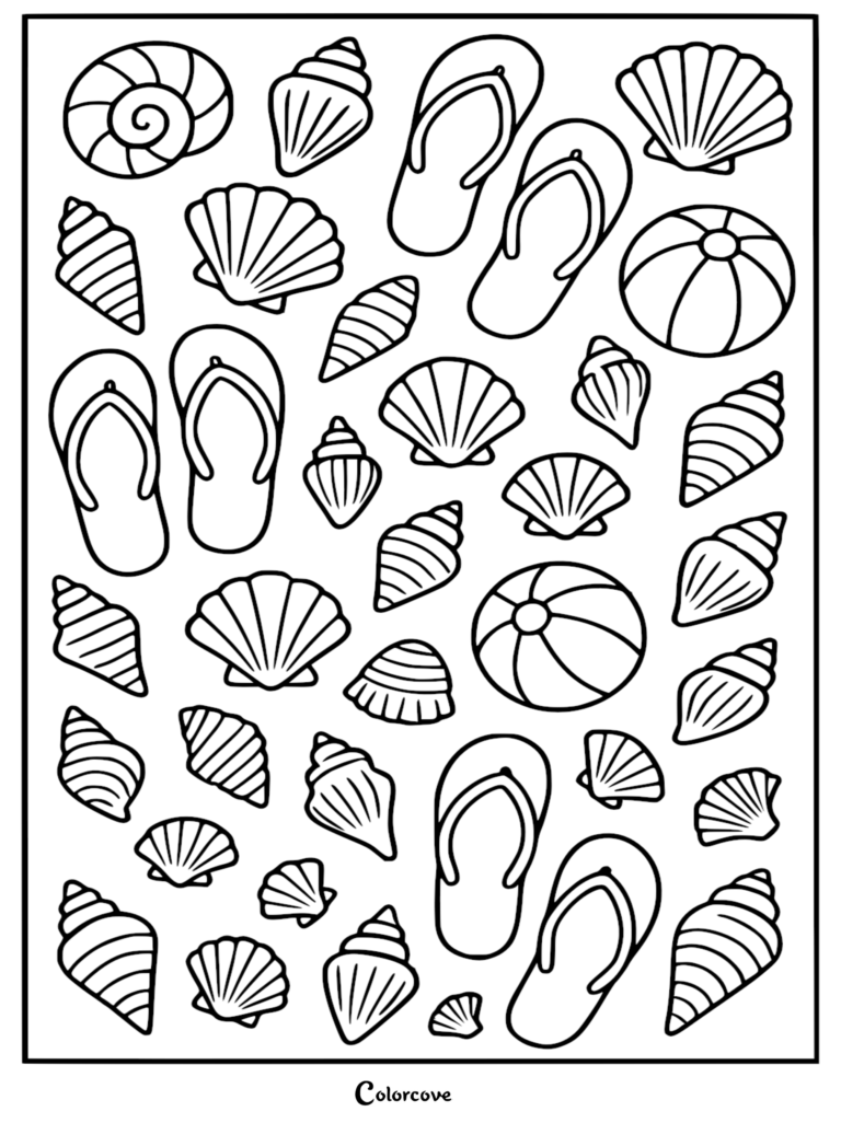 A printable coloring page featuring an assortment of various seashells, multiple pairs of flip-flops, and round beach balls scattered across the frame.