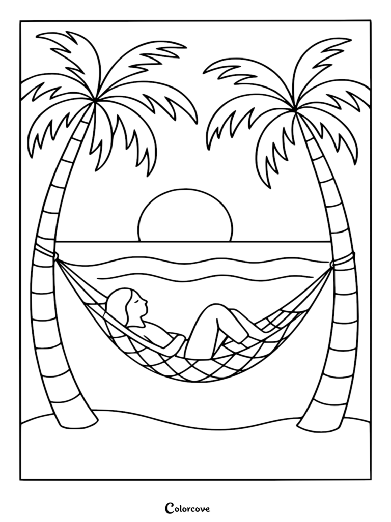 A printable coloring page featuring a woman resting in a hammock strung between two palm trees on a tropical beach during a sunset.