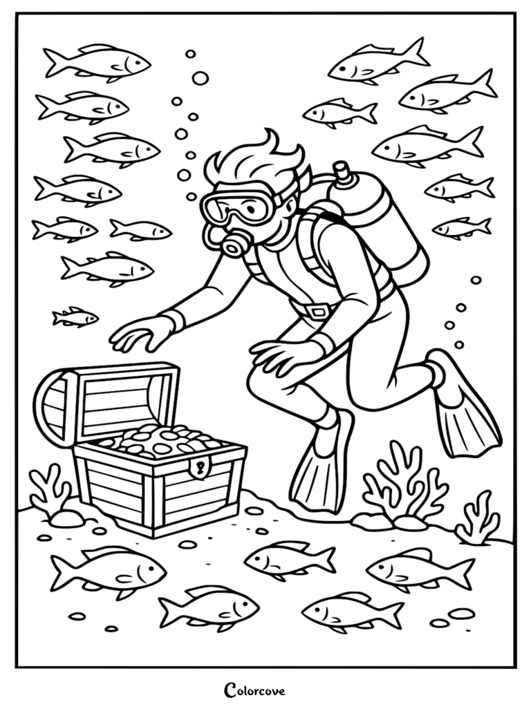 Scuba diver with oxygen tank discovering an open treasure chest filled with gold on the ocean floor, surrounded by a school of fish, coloring page style line art.