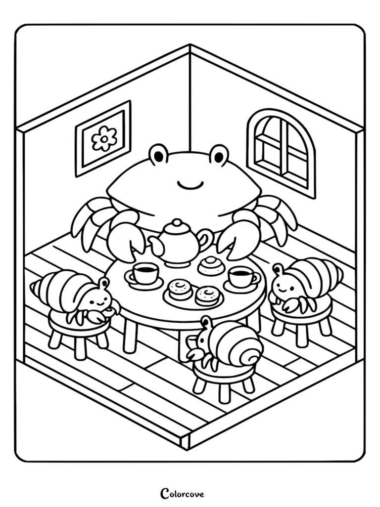A relaxing beach themed coloring page featuring a large crab hosting tea for three small hermit crabs at a table with donuts in an isometric room.