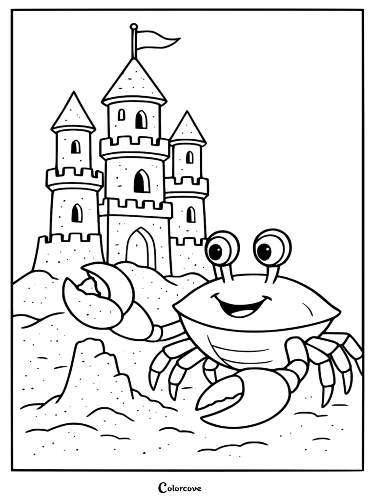 A friendly smiling crab with large eyes in front of a detailed three-tower sandcastle, line art coloring page for kids.