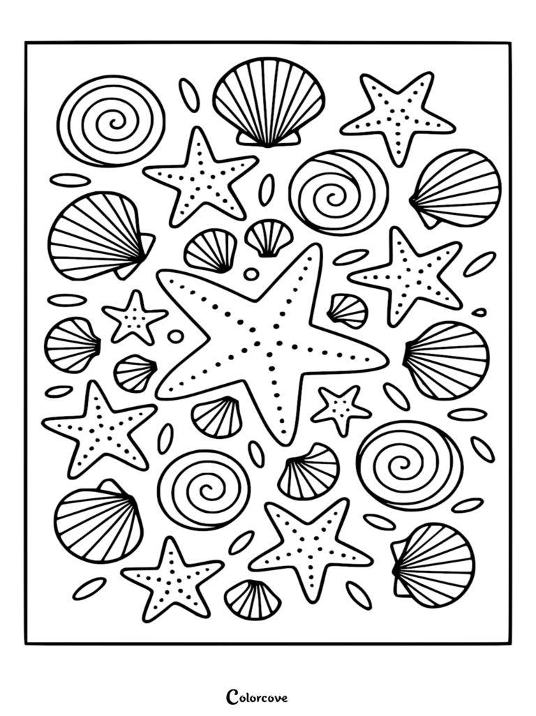 A relaxing beach coloring page featuring an intricate pattern of various seashells, spiral shells, and dotted starfish.