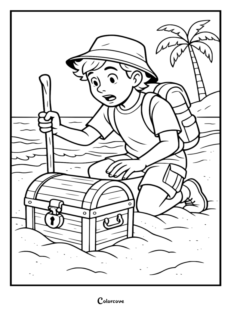 A line art coloring page of an explorer boy in a bucket hat and backpack kneeling on the beach, digging up a locked wooden treasure chest under a palm tree.