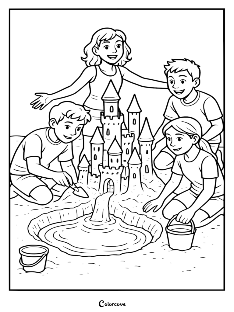 Four children smiling while constructing an elaborate sandcastle with a moat and towers, printable coloring page.