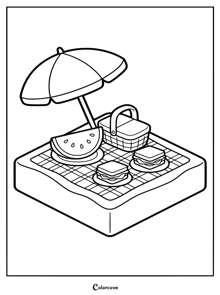 A relaxing beach picnic coloring page featuring an isometric picnic basket, two sandwiches, a watermelon slice, and a sun umbrella on a checkered blanket.