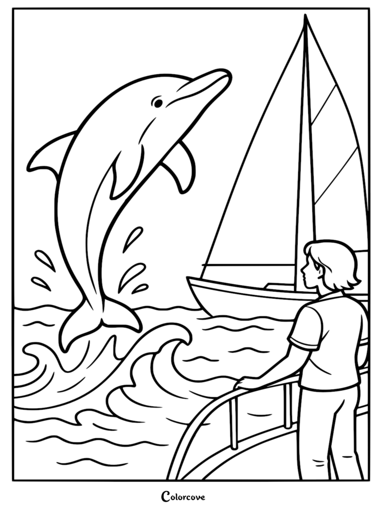 A line art coloring page featuring a dolphin leaping from the ocean waves beside a sailboat with a person watching from the deck railing.