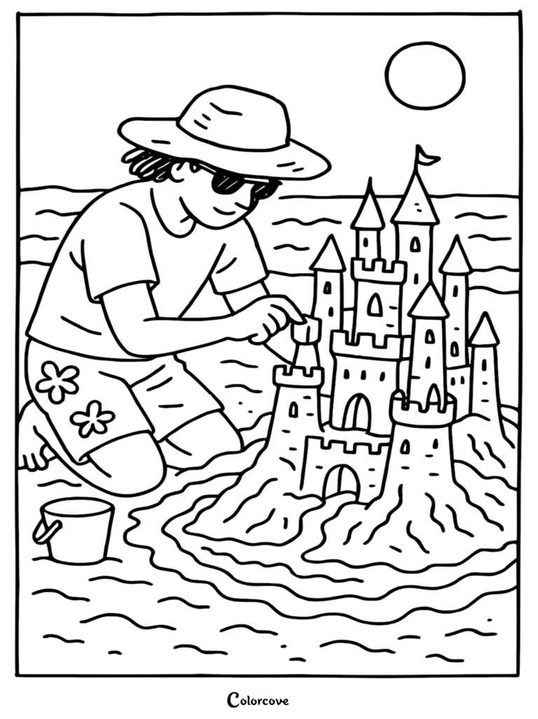 A boy in a sun hat and flower-print shorts building an intricate sandcastle on the beach in this relaxing coloring page.