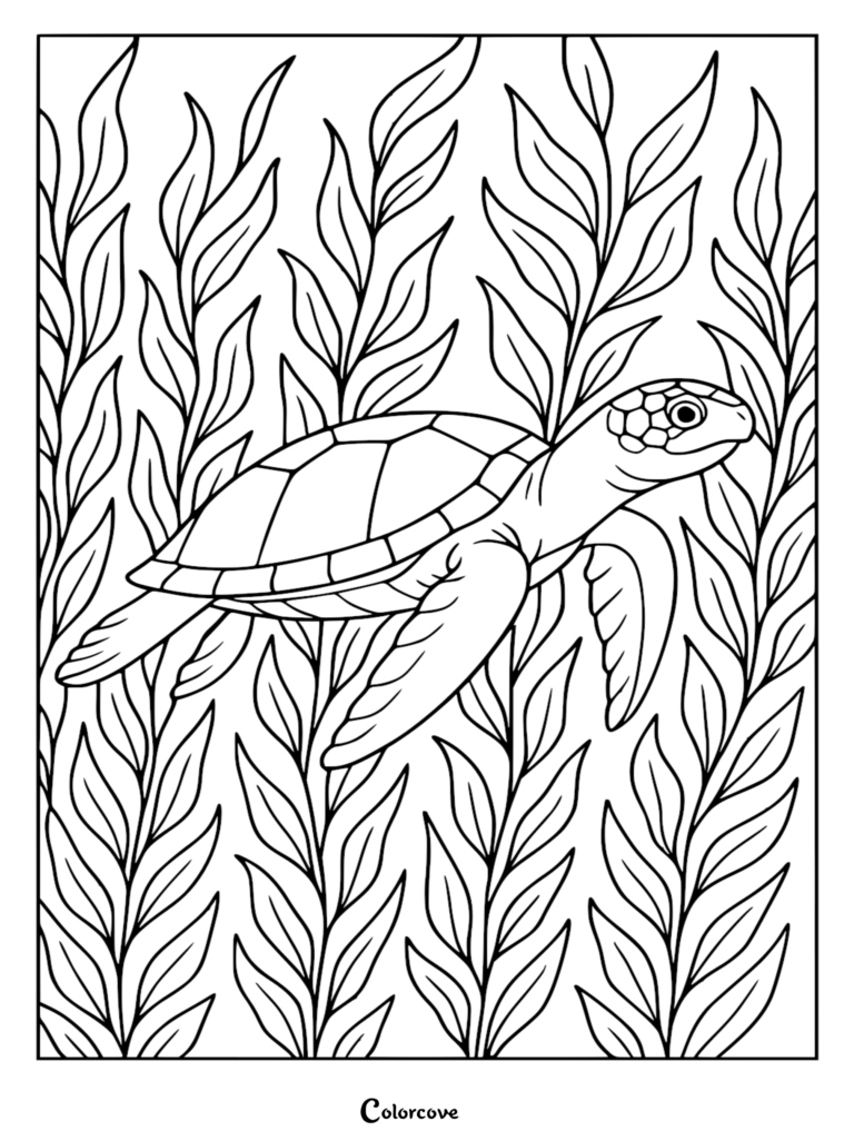 A detailed sea turtle swimming through tall, vertical seagrass blades in this relaxing beach ocean theme coloring page.