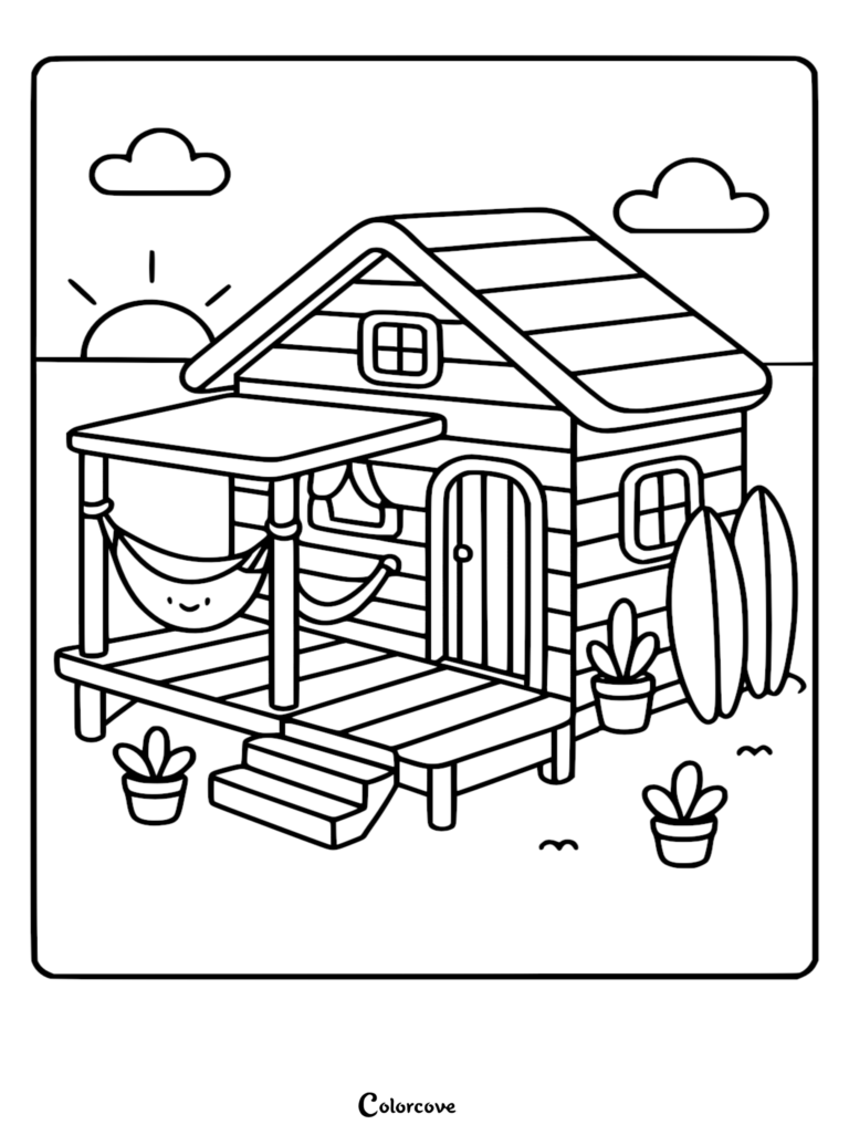 A relaxing beach cabin coloring page featuring a cozy porch with a smiling hammock, two leaning surfboards, and potted tropical plants under a sunny sky.