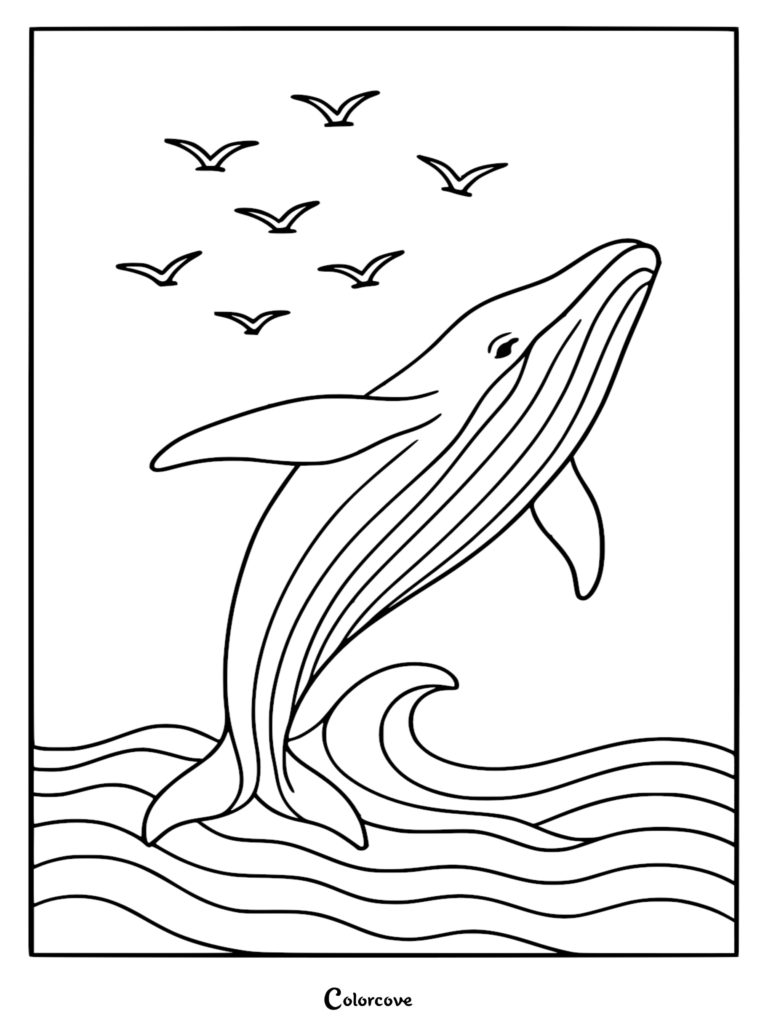 A relaxing beach themed coloring page featuring a humpback whale breaching from wavy ocean water with a flock of seagulls flying overhead.