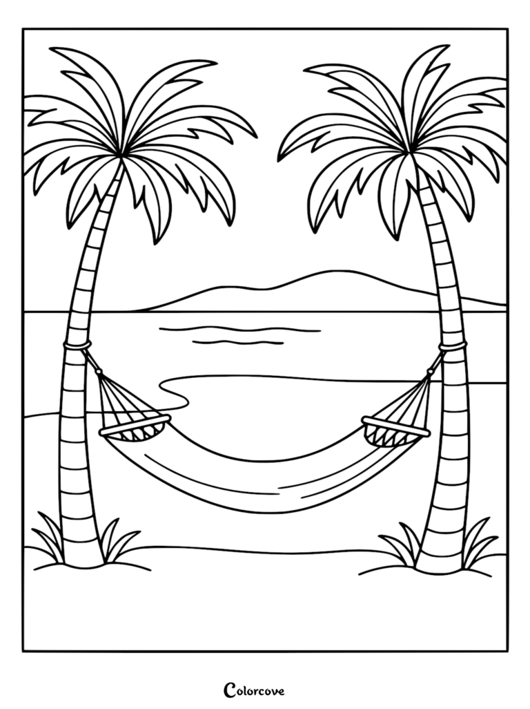 A relaxing beach coloring page featuring an empty hammock strung between two tropical palm trees overlooking a calm ocean and distant mountains.