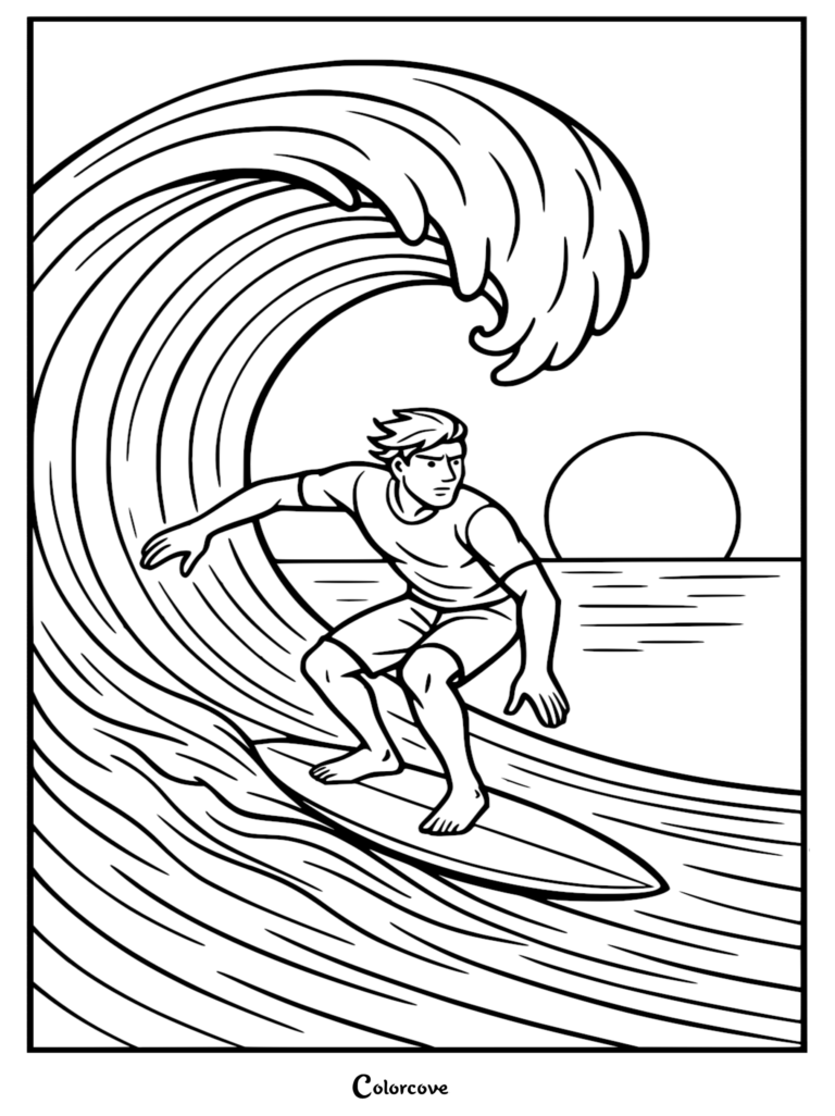 A printable coloring page featuring a focused young man surfing inside a large curling ocean wave with a sunset horizon in the background.