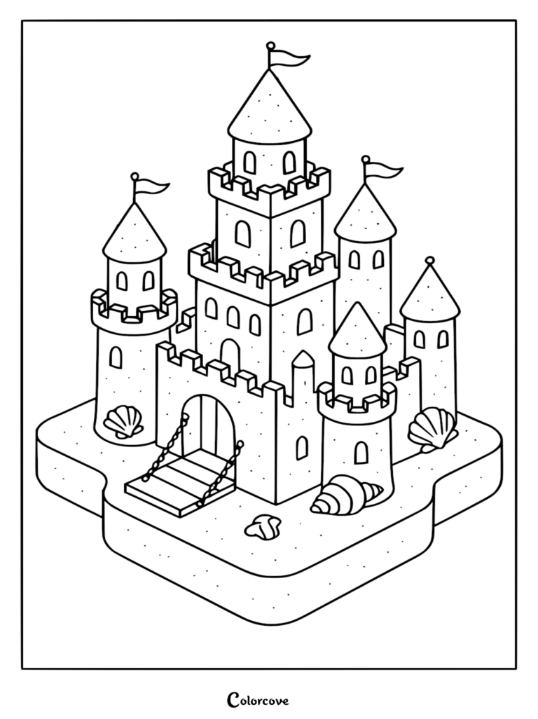 Detailed coloring page featuring an isometric sandcastle with five towers, flags, a drawbridge, and decorative seashells on a sandy base.