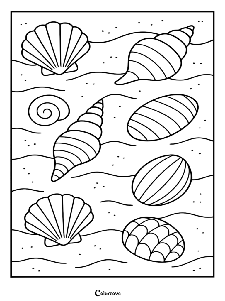 A relaxing beach coloring page featuring an assortment of detailed seashells, including scallops, conch shells, and patterned pebbles resting on wavy sand.