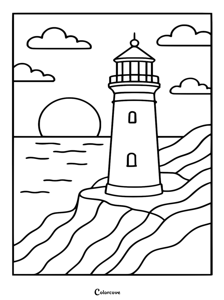 A relaxing beach coloring page featuring a tall lighthouse on a cliff overlooking a sunset ocean horizon with fluffy clouds.