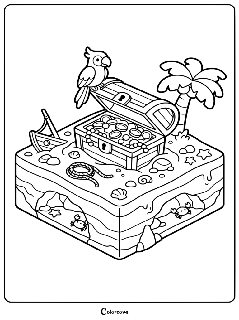 A relaxing beach themed coloring page featuring an isometric island with a treasure chest, a perched parrot, palm tree, and crabs in underground caves.