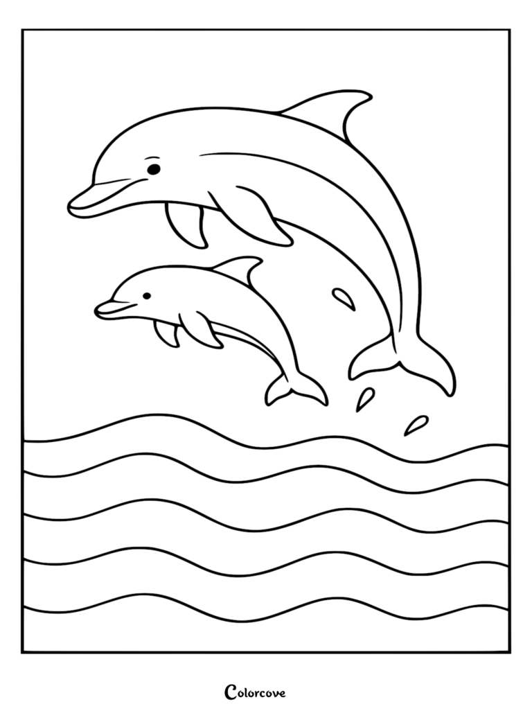 A printable coloring page featuring a mother dolphin and her calf leaping gracefully above stylized ocean waves.