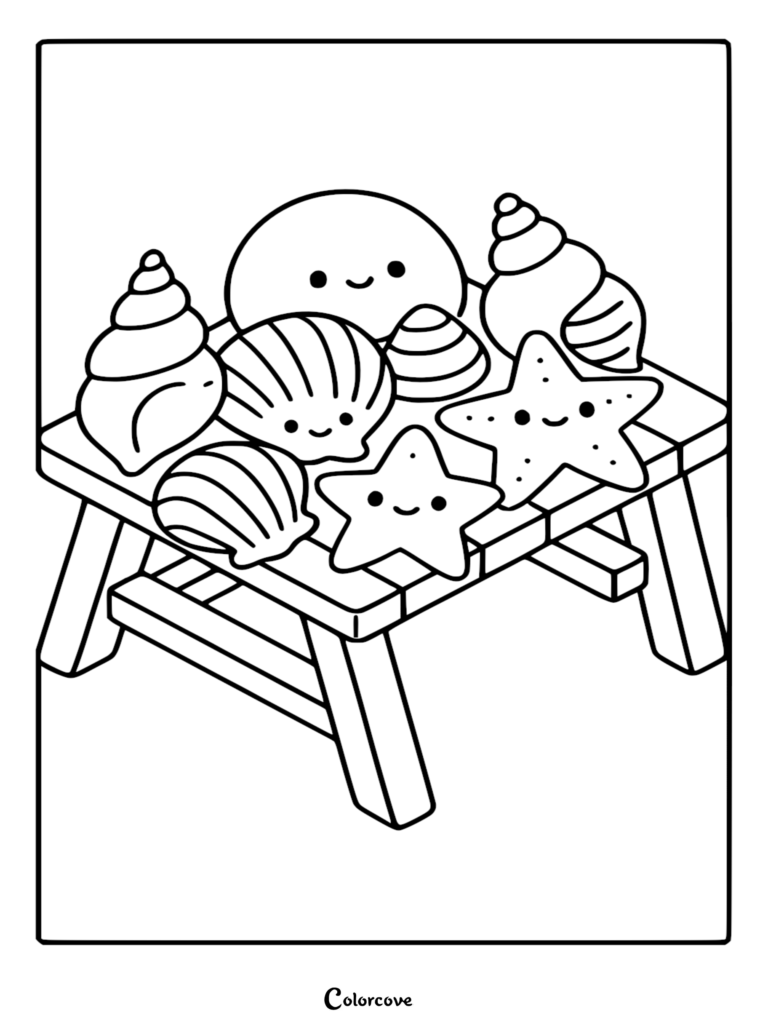 A whimsical coloring page featuring adorable smiling seashells and two friendly starfish arranged on a small wooden beach table.