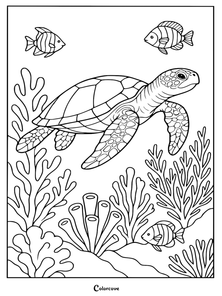 A relaxing beach themed coloring page featuring a sea turtle swimming through coral reefs with three small striped tropical fish.