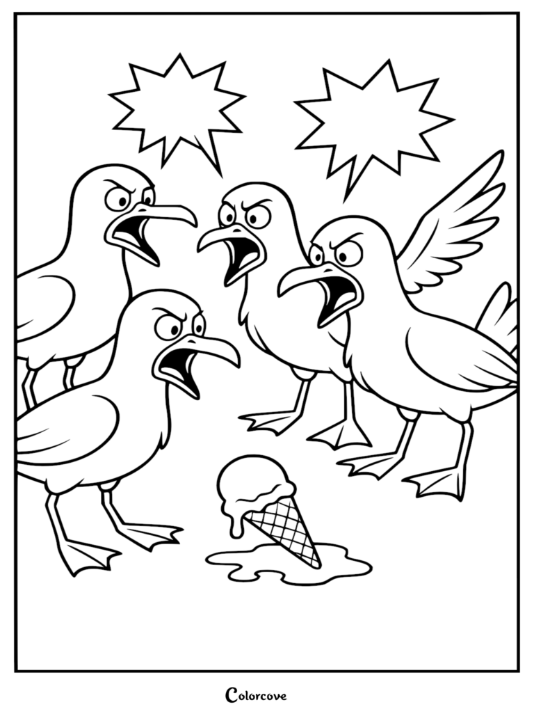 A printable coloring page featuring three angry seagulls squawking over a dropped ice cream cone on the beach.