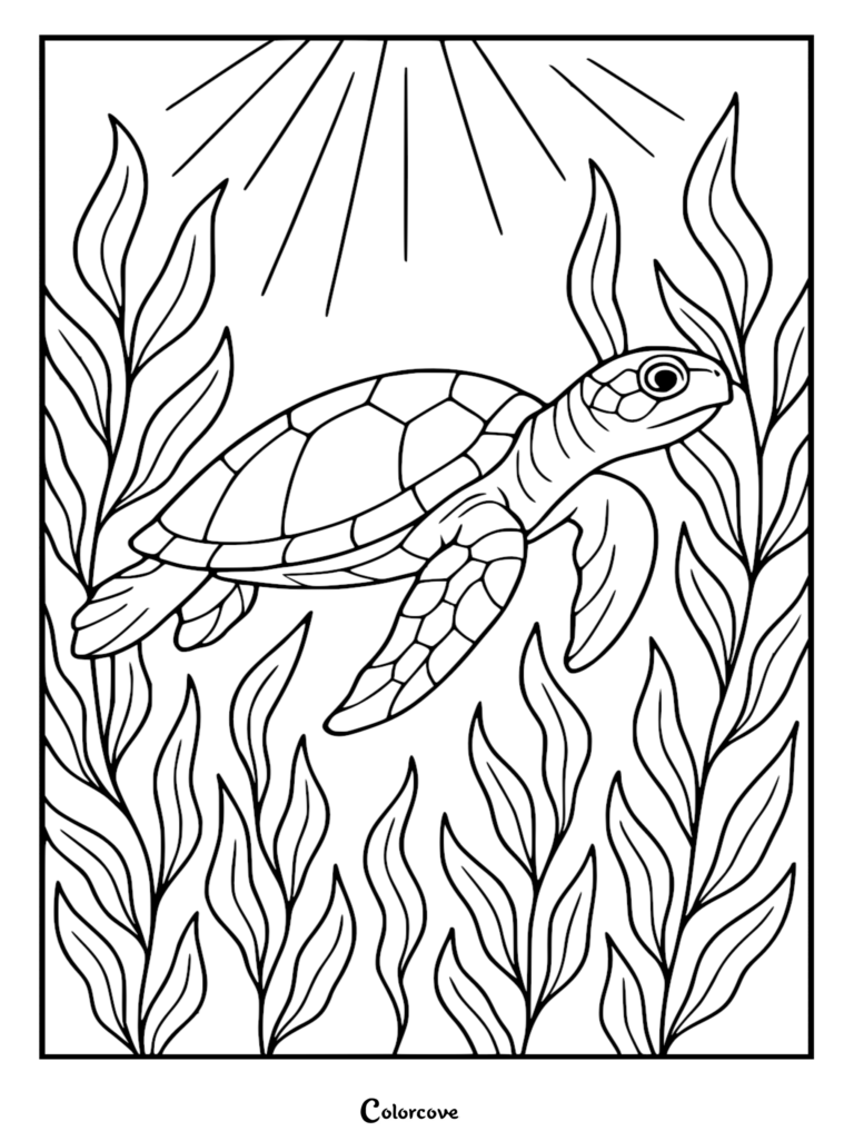 Sea turtle swimming gracefully through flowing underwater sea grass.