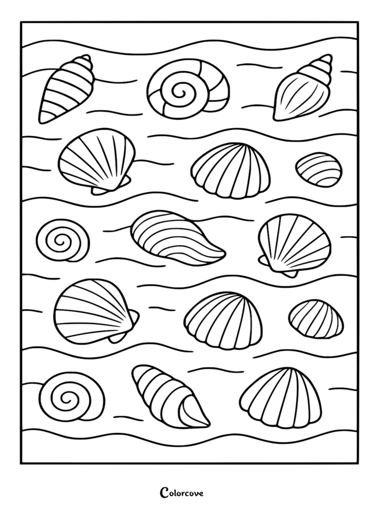 A relaxing beach seashell coloring page featuring assorted spiral and fan-shaped shells scattered across wavy, rippling water lines.