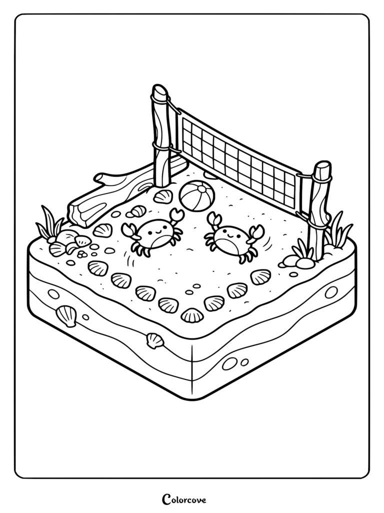 Isometric view coloring page featuring two cute crabs playing beach volleyball with a beach ball on a sandy court decorated with seashells and driftwood.