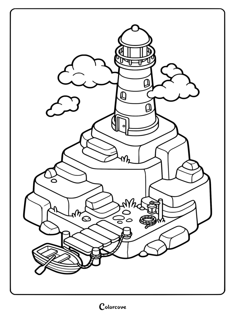 An isometric view of a lighthouse on a rocky island with a small wooden pier, a rowboat with oars, and fluffy clouds, perfect as a relaxing beach coloring page.