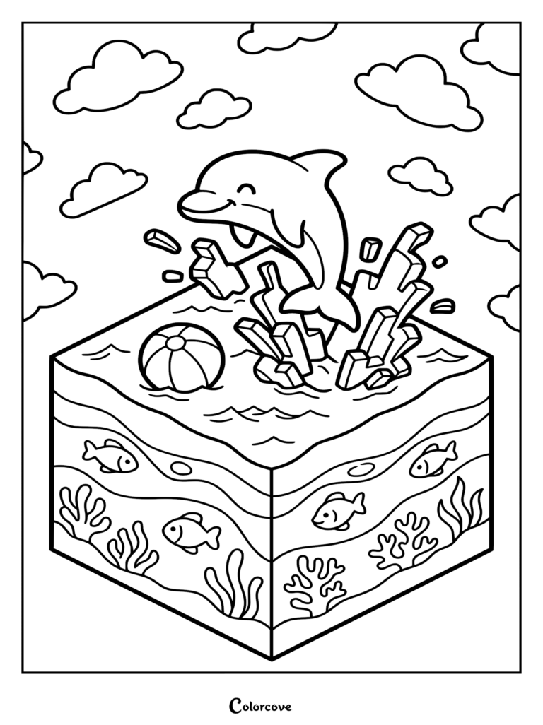 A cute dolphin leaping from an isometric ocean block with coral, fish, and a beach ball coloring page.