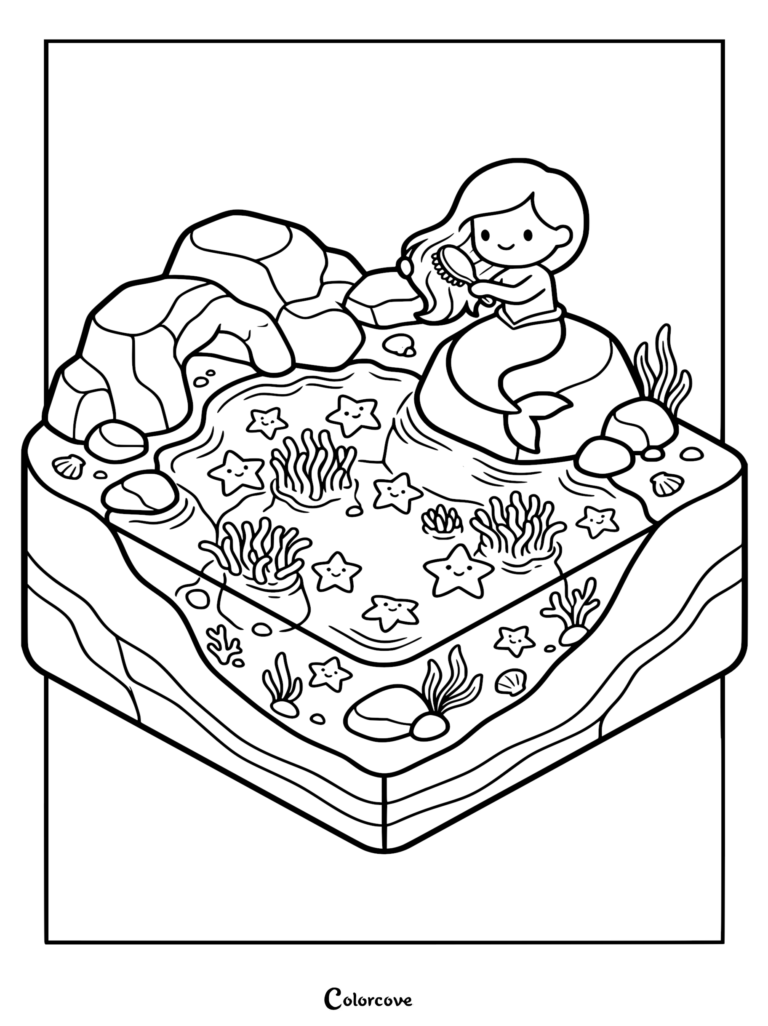 A cute mermaid brushing her hair on a rock in a calm, isometric lagoon, featuring smiling starfish, sea anemones, and rock formations as a printable coloring page.