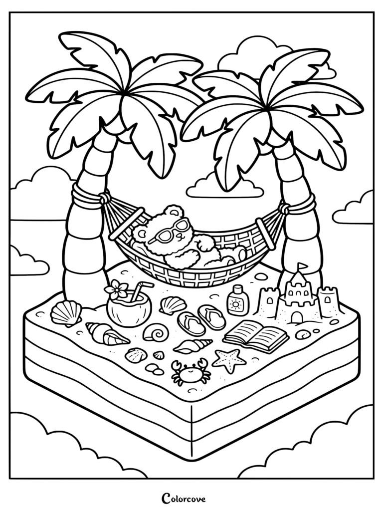 A printable coloring page featuring a teddy bear wearing sunglasses, relaxing in a hammock strung between two palm trees on a small island with a sandcastle, seashells, and a coconut drink.