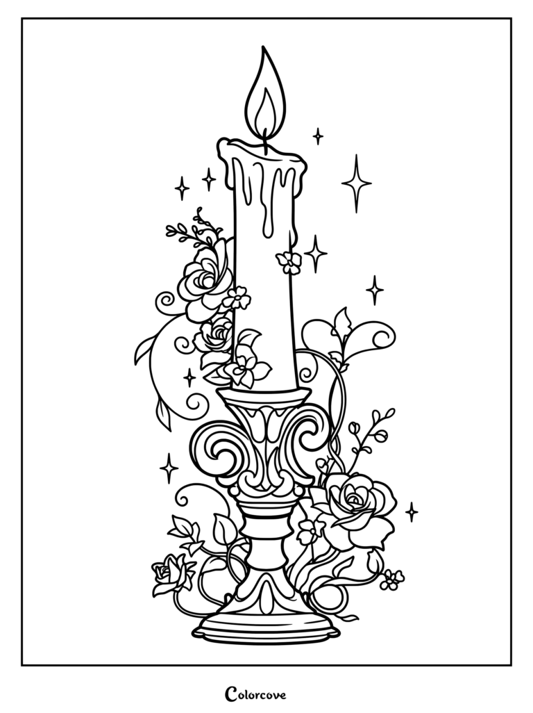 A lit candle in an ornate holder surrounded by roses and sparkling stars in this printable coloring page.