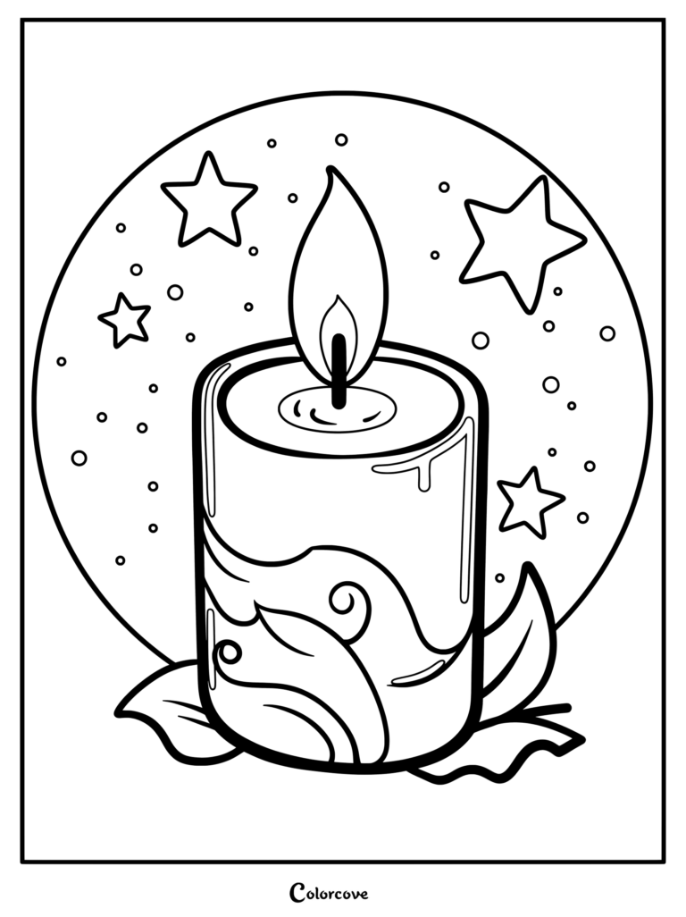 A relaxing candle coloring page featuring a lit candle with swirling leaf patterns surrounded by stars and bubbles.