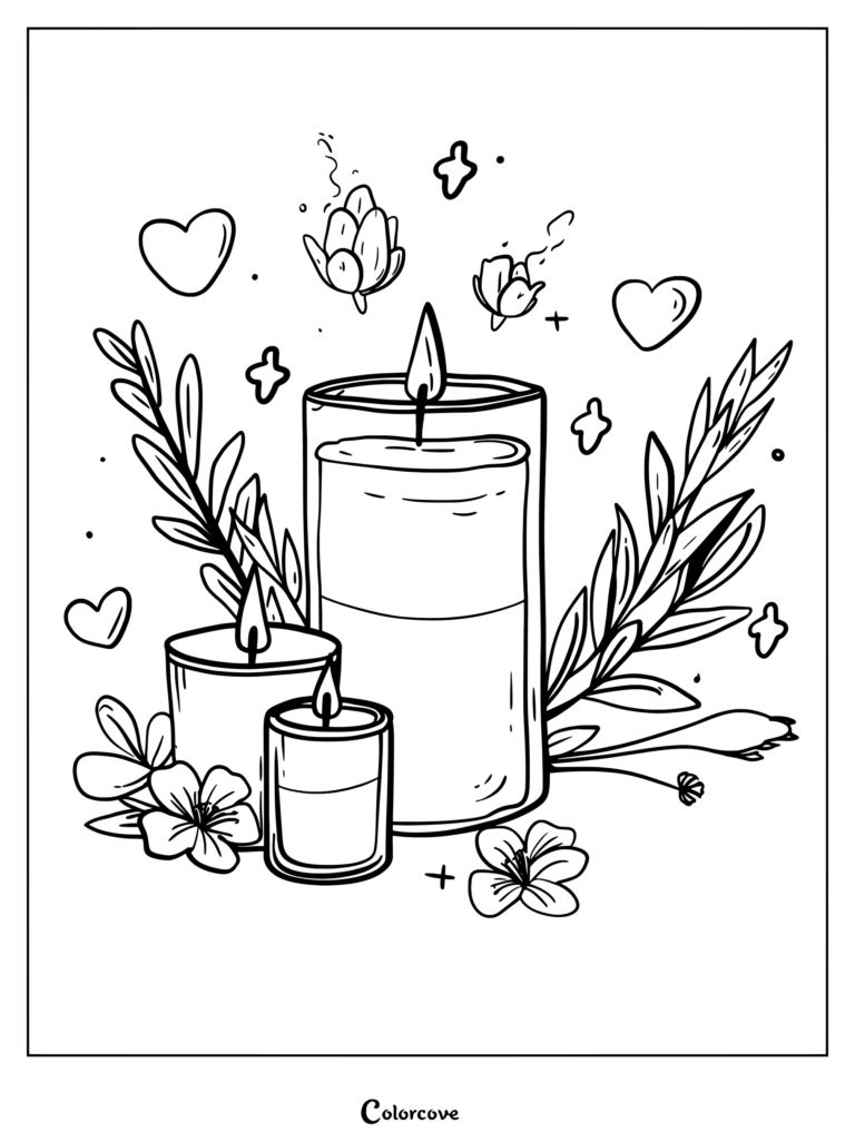 Three lit candles in glass jars surrounded by leafy branches, small flowers, and floating hearts in this relaxing candle coloring page.