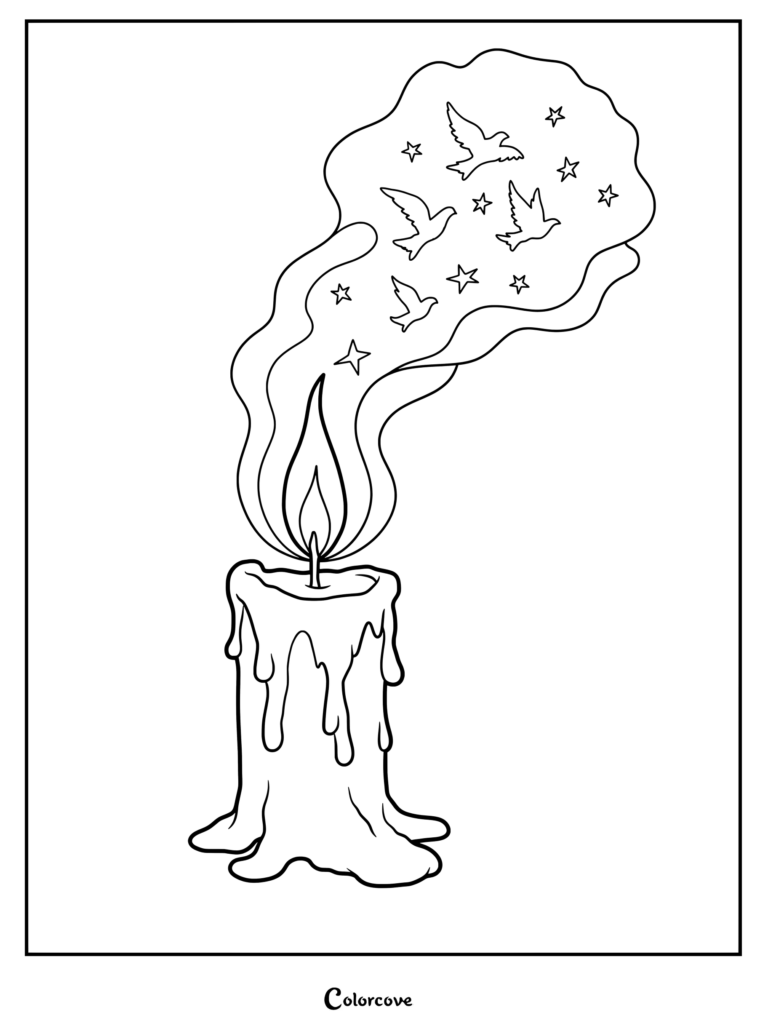A relaxing candle coloring page featuring a melting wax pillar with smoke swirling into shapes of birds and stars.
