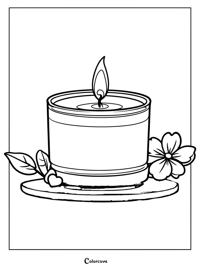 A relaxing candle in a glass jar with a flame, decorated with a flower and leaves on a saucer, coloring page.