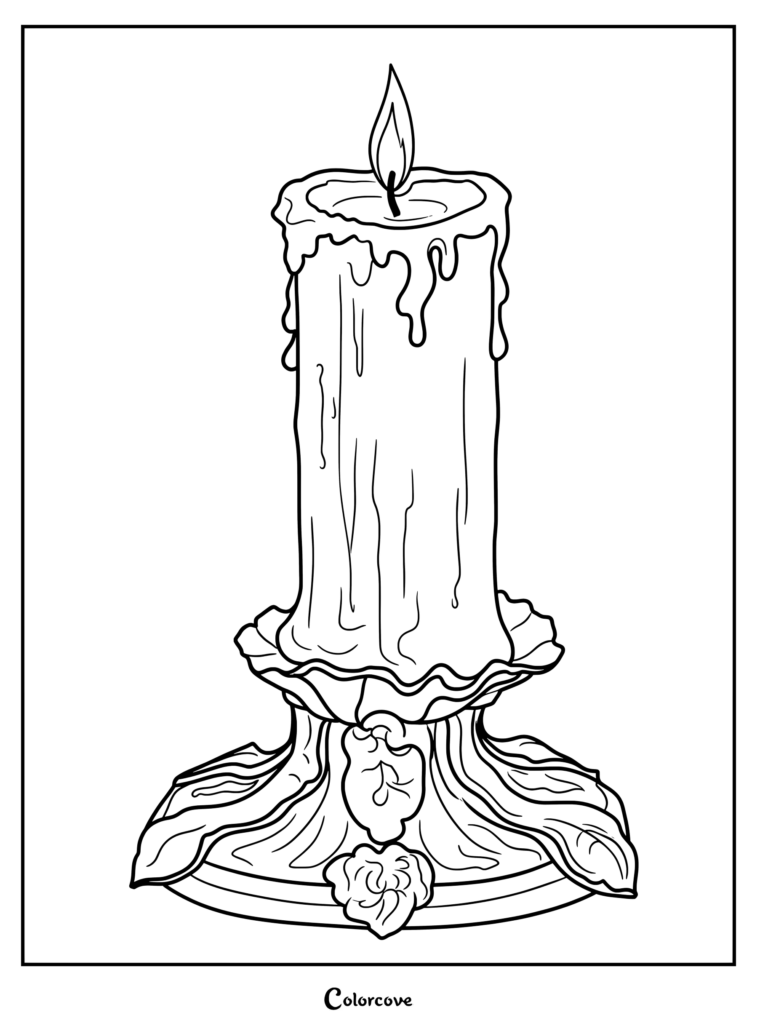 A detailed coloring page of a lit candle with melting wax drips sitting in an ornate, leaf-patterned vintage candle holder.