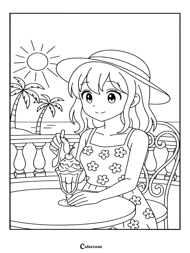 Página para colorear detallada de una chica anime con un sombrero de sol flexible y vestido floral, sentada en una mesa con un helado en el balcón de un crucero con vista a palmeras tropicales y el océano bajo un sol brillante.