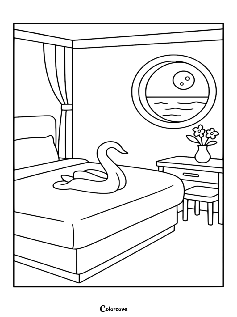 Una página para colorear de un camarote de crucero que muestra un cisne de toalla sobre una cama grande junto a una ventana de ojo de buey con vista a las olas del océano y la luna.