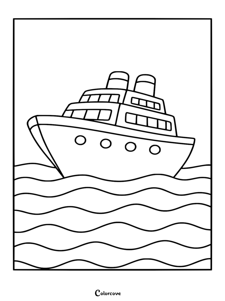 Página para colorear sencilla de un crucero con dos chimeneas y ojos de buey redondos navegando sobre aguas oceánicas onduladas en arte lineal.