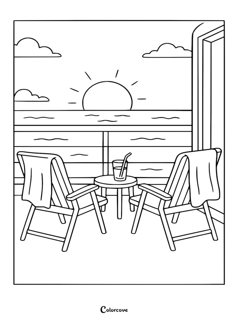 Página para colorear de la puesta de sol en el balcón de un crucero con dos tumbonas, toallas, una bebida en una mesa pequeña y el sol poniéndose sobre el horizonte del océano en calma.