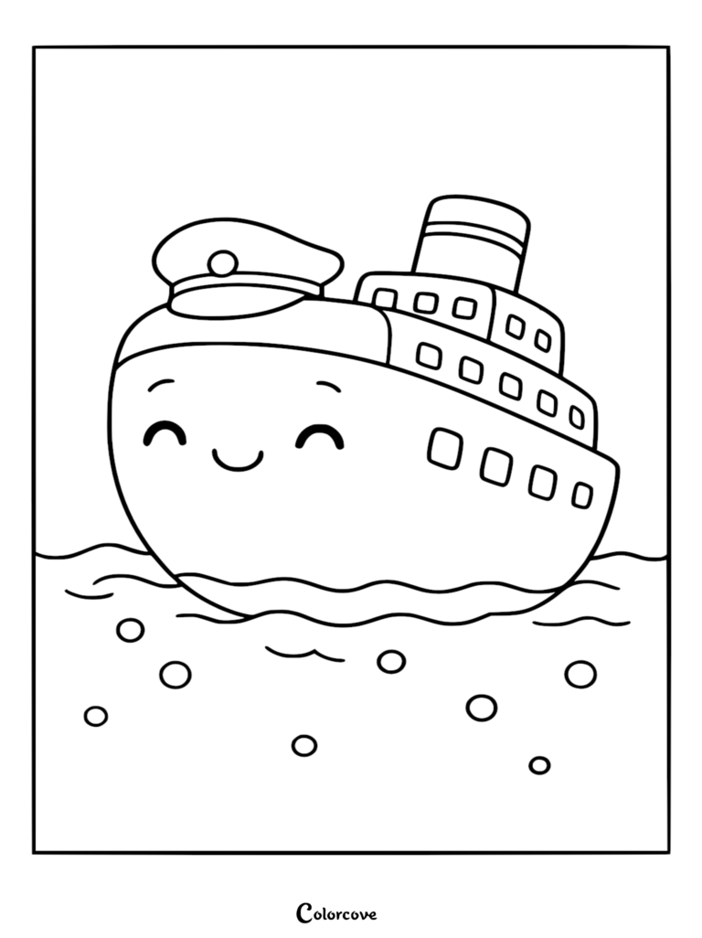 Página para colorear de arte lineal de un lindo y sonriente crucero con sombrero de capitán, que presenta cubiertas escalonadas y flota sobre las olas.