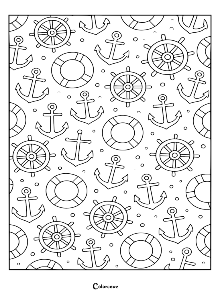 Página para colorear de crucero náutico sin costuras que presenta un patrón repetitivo de timones, anclas marítimas, salvavidas a rayas y pequeñas burbujas.