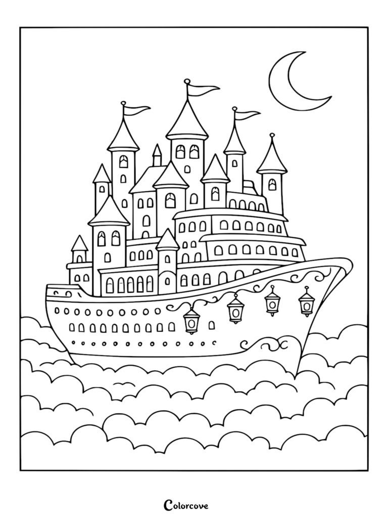 Página para colorear de un crucero castillo de fantasía con múltiples torres con banderas, ventanas arqueadas y linternas colgantes navegando a través de las nubes bajo una luna creciente.