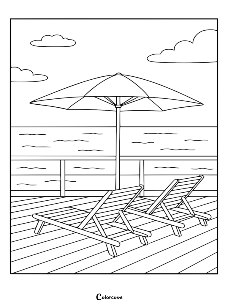 Una página para colorear de la cubierta de un crucero que muestra dos tumbonas de madera bajo una gran sombrilla con vista a las olas del océano.